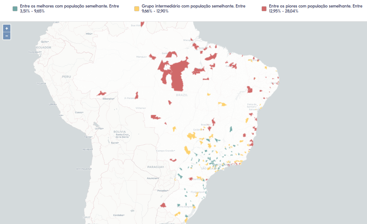 Imagem de tela: Passo 6 - Mapa do Brasil com municípios entre 100 mil e 500 mil habitantes